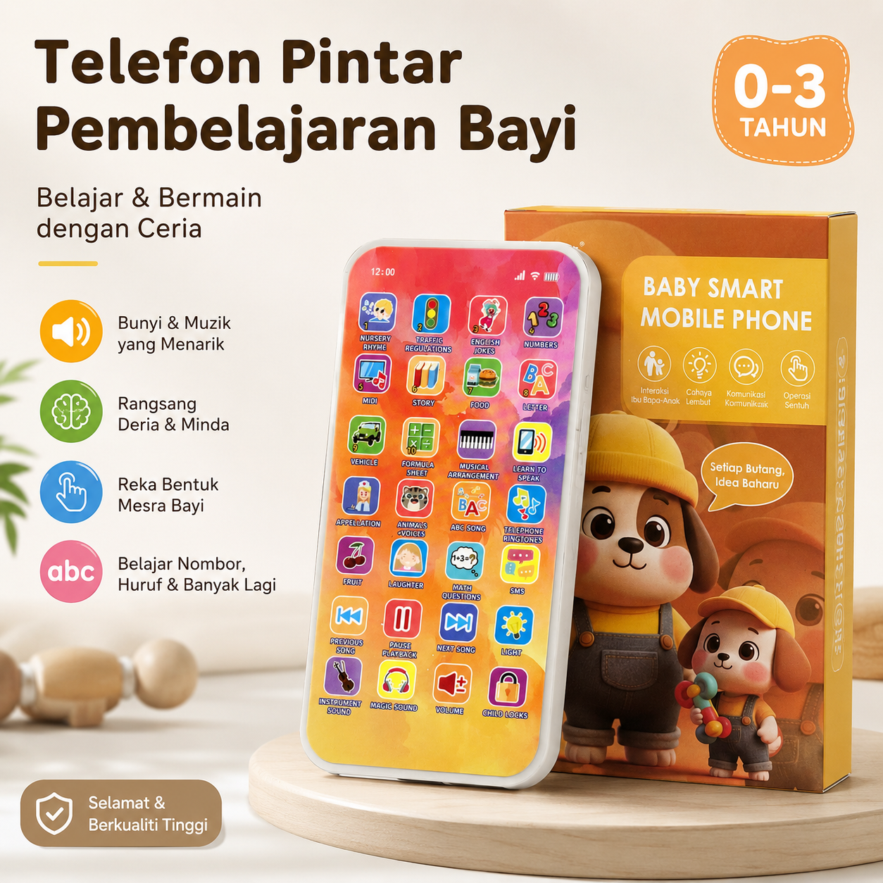 Telefon Pintar Pembelajaran Bayi—1-3Years Toddler Montessori Learning Toy | Screen-Free Educational Talking Toy
