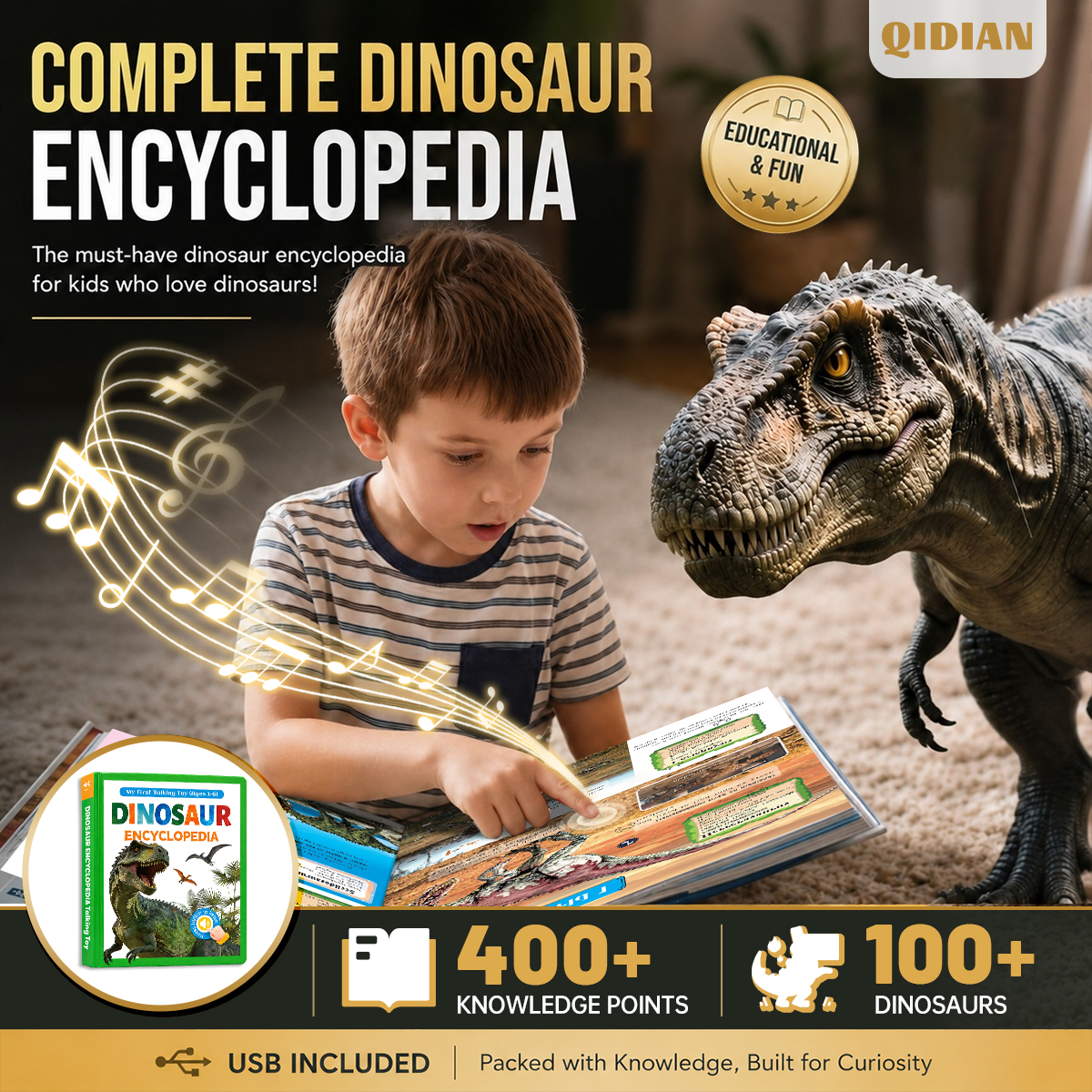 Kids Talking Dinosaur Encyclopedia Interactive Sound Book | 100+ Dinosaurs & 400+ Learning Sounds | Touch-Activated Educational Toy Book | Rechargeable STEM Gift for Toddlers Ages 1-6