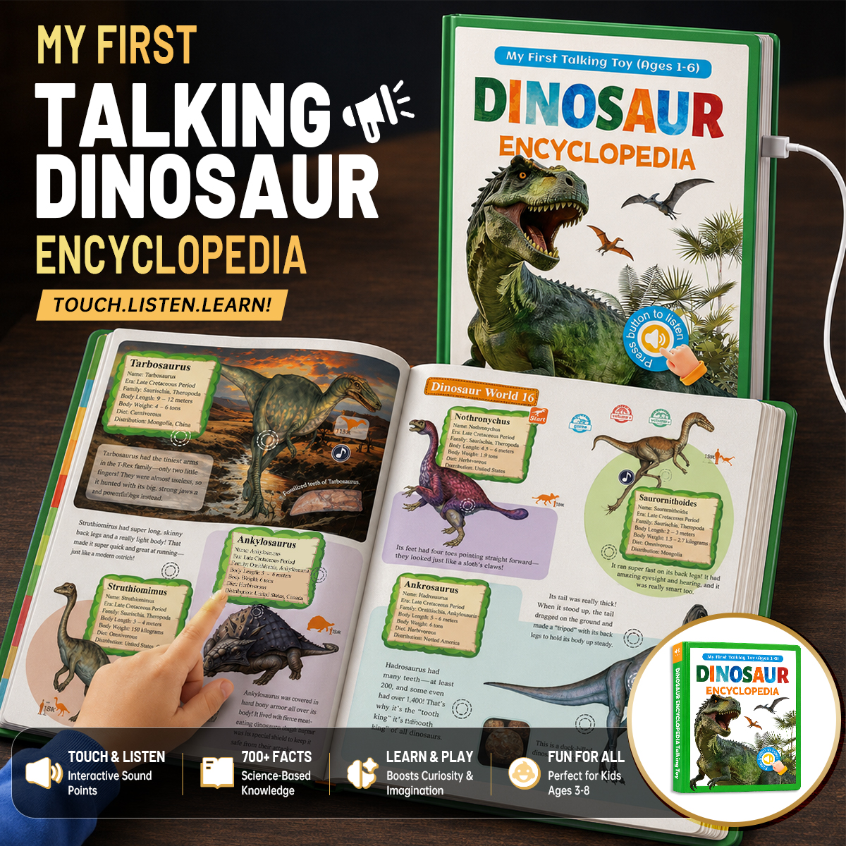 Kids Talking Dinosaur Encyclopedia Interactive Sound Book | 100+ Dinosaurs & 400+ Learning Sounds | Touch-Activated Educational Toy Book | Rechargeable STEM Gift for Toddlers Ages 1-6 - Image 2