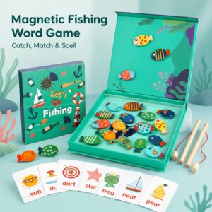 Magnetic Fishing Spelling Game for Kids Ages 3+ | Educational Learning Toy with Alphabet Fish & Picture Word Cards, Montessori Preschool Activity, Fine Motor Skill Game, Brain Development Toy, Birthday Gift for Boys & Girls