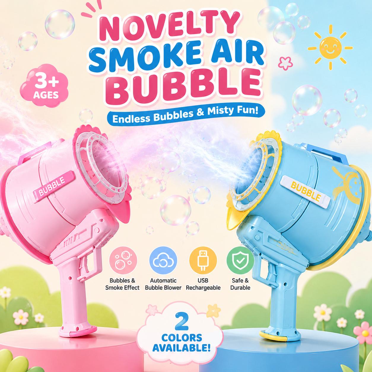 Smoke Air Bubble Blower for Kids Ages 3+, USB Rechargeable Bubble Machine Toy with Mist Effect, Automatic Bubble Maker with Bubble Solution, Outdoor Summer Toy for Backyard, Beach, Party, Birthday Gift for Boys & Girls