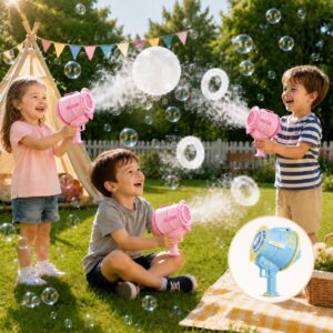 Smoke Air Bubble Blower for Kids Ages 3+, USB Rechargeable Bubble Machine Toy with Mist Effect, Automatic Bubble Maker with Bubble Solution, Outdoor Summer Toy for Backyard, Beach, Party, Birthday Gift for Boys & Girls
