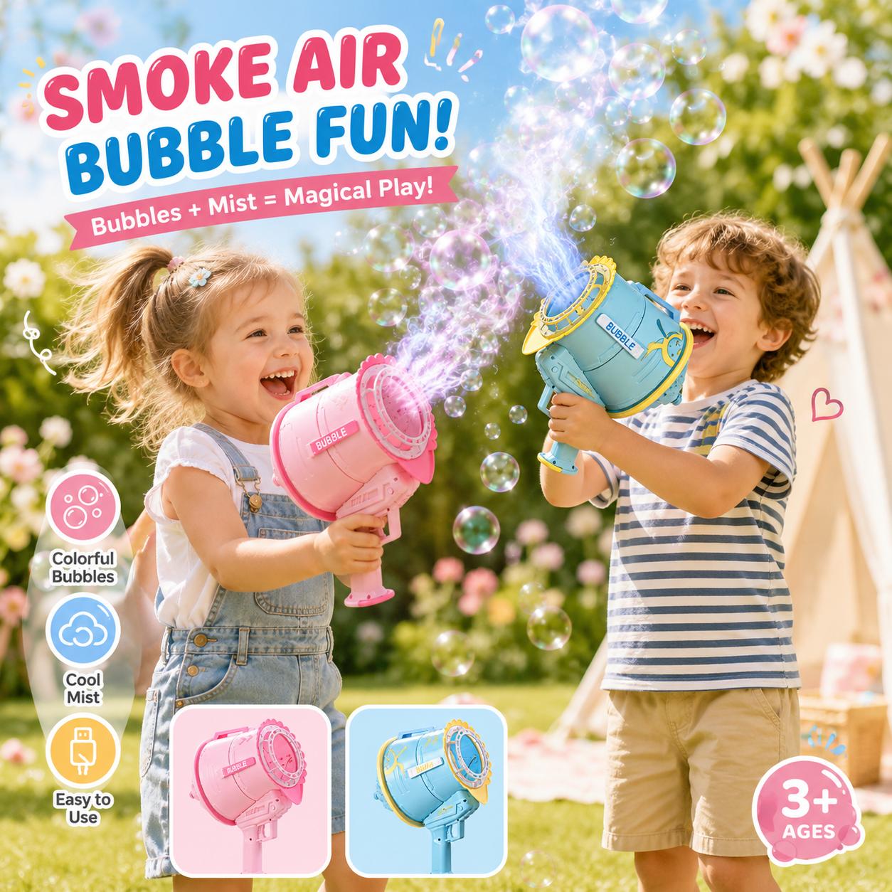Smoke Air Bubble Blower for Kids Ages 3+, USB Rechargeable Bubble Machine Toy with Mist Effect, Automatic Bubble Maker with Bubble Solution, Outdoor Summer Toy for Backyard, Beach, Party, Birthday Gift for Boys & Girls - Image 4