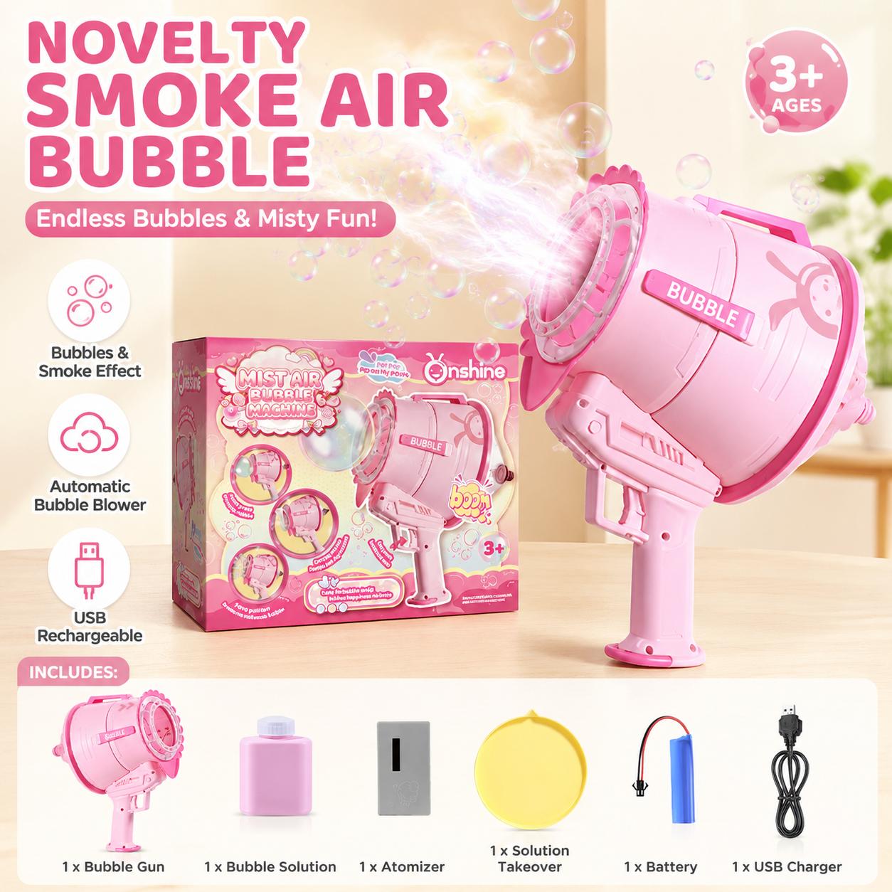 Smoke Air Bubble Blower for Kids Ages 3+, USB Rechargeable Bubble Machine Toy with Mist Effect, Automatic Bubble Maker with Bubble Solution, Outdoor Summer Toy for Backyard, Beach, Party, Birthday Gift for Boys & Girls - Image 2