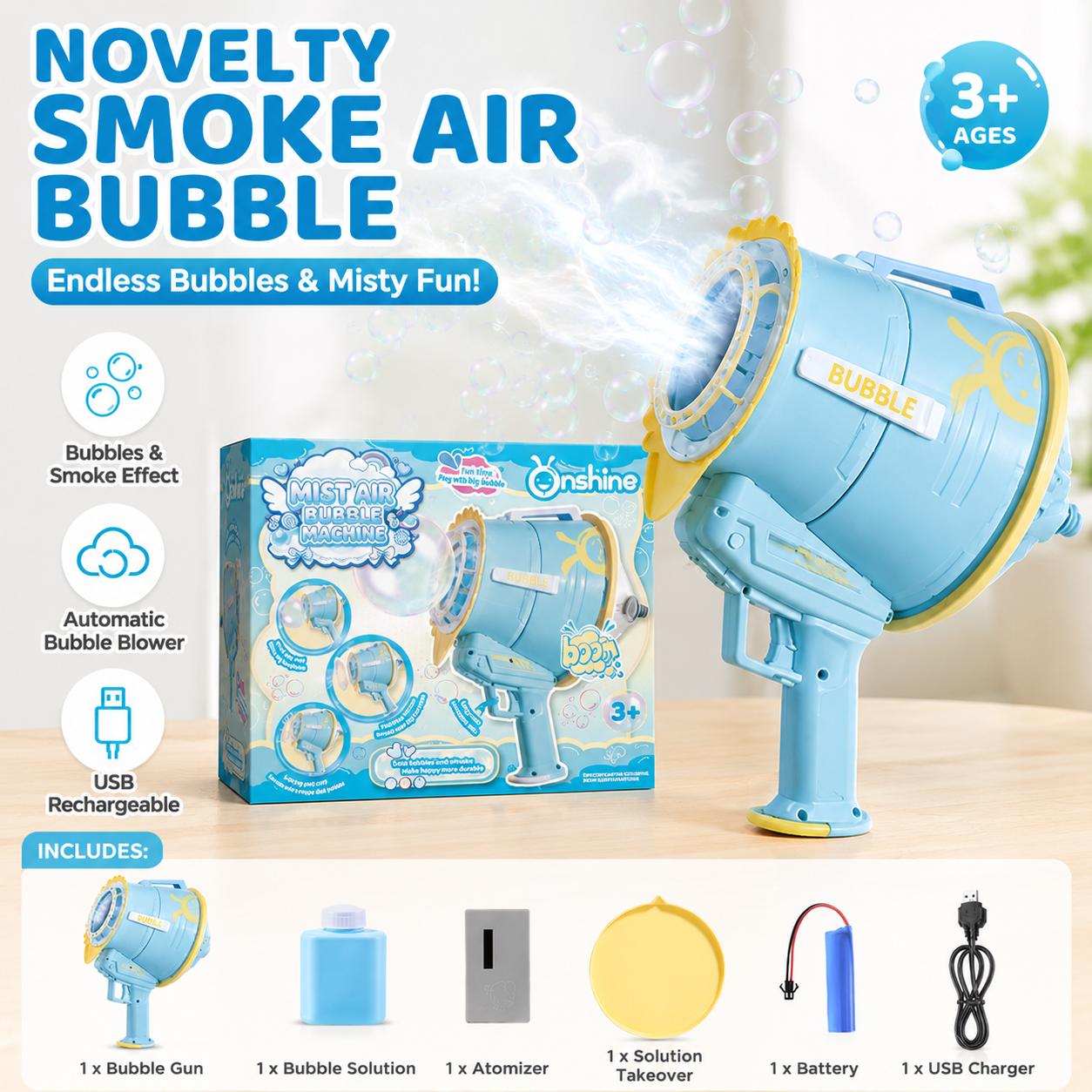 Smoke Air Bubble Blower for Kids Ages 3+, USB Rechargeable Bubble Machine Toy with Mist Effect, Automatic Bubble Maker with Bubble Solution, Outdoor Summer Toy for Backyard, Beach, Party, Birthday Gift for Boys & Girls - Image 3